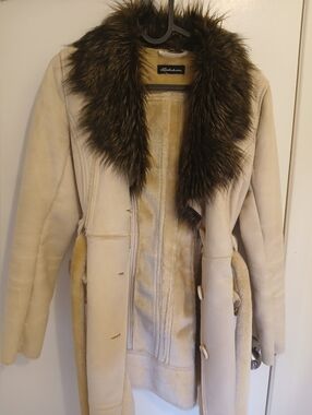 SEDUCTION Cream Shearling Trench with Dark Faux Fur Collar
